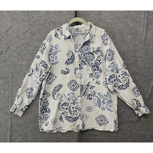 Chicos Linen Top Shirt Womens Sz 2‎ US 12 White Blue Paisley Floral Roll Tab